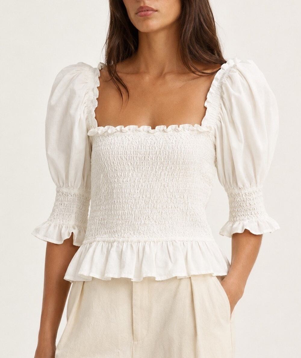 Sea New York Cotton Shirred Balloon Puff Sleeve White Ruffle Peasant Top sz M